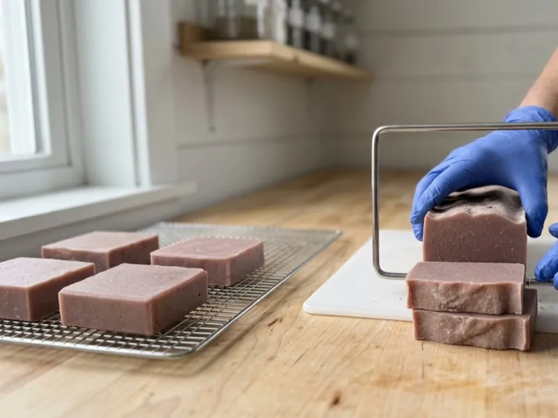 A person in blue gloves slices a loaf of handmade soap into bars with a wire cutter.