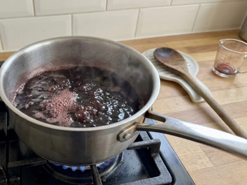 Dark purple liquid simmers in a stainless steel saucepan on a lit gas stove.