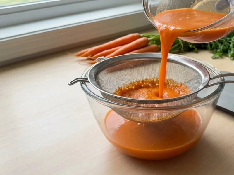 A gloved hand pours blended carrot puree through a fine-mesh strainer into a glass bowl.