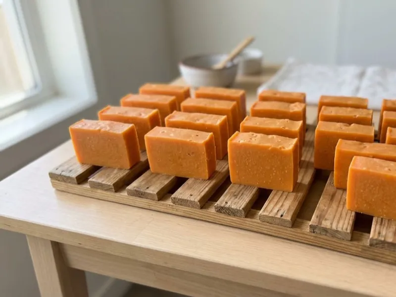 Handmade orange soap bars arranged in neat rows on a slatted wooden drying rack.