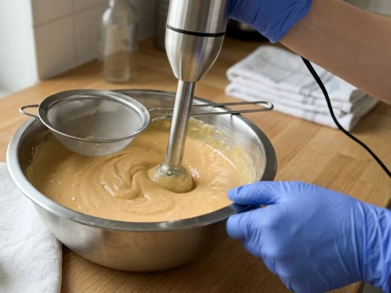 Gloved hands use an immersion blender to mix soap batter in a stainless steel bowl.