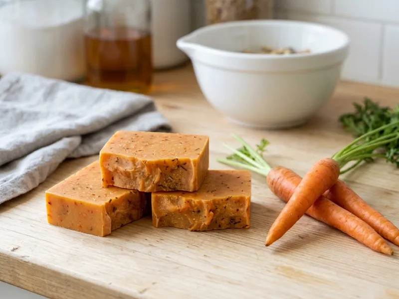 Three orange handmade soap bars sit on a wooden counter next to fresh carrots.
