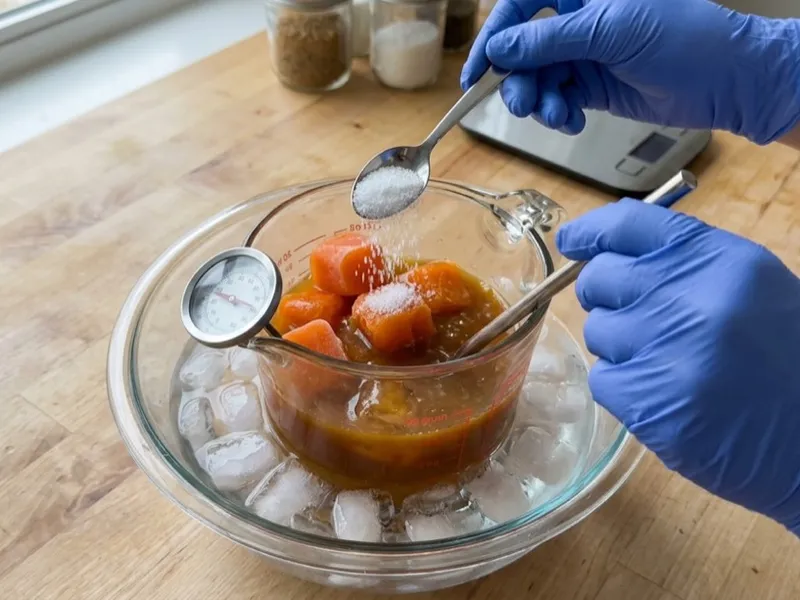 Gloved hands sprinkle white lye crystals over frozen orange cubes resting in an ice water bath.