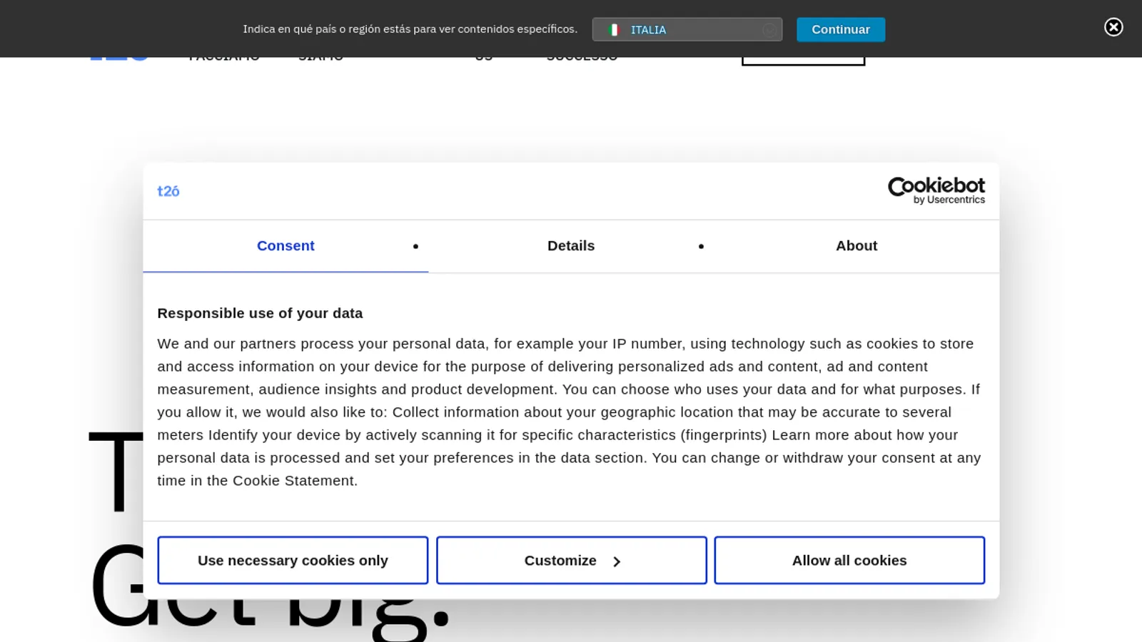 Screenshot of the t2ó italia srl homepage