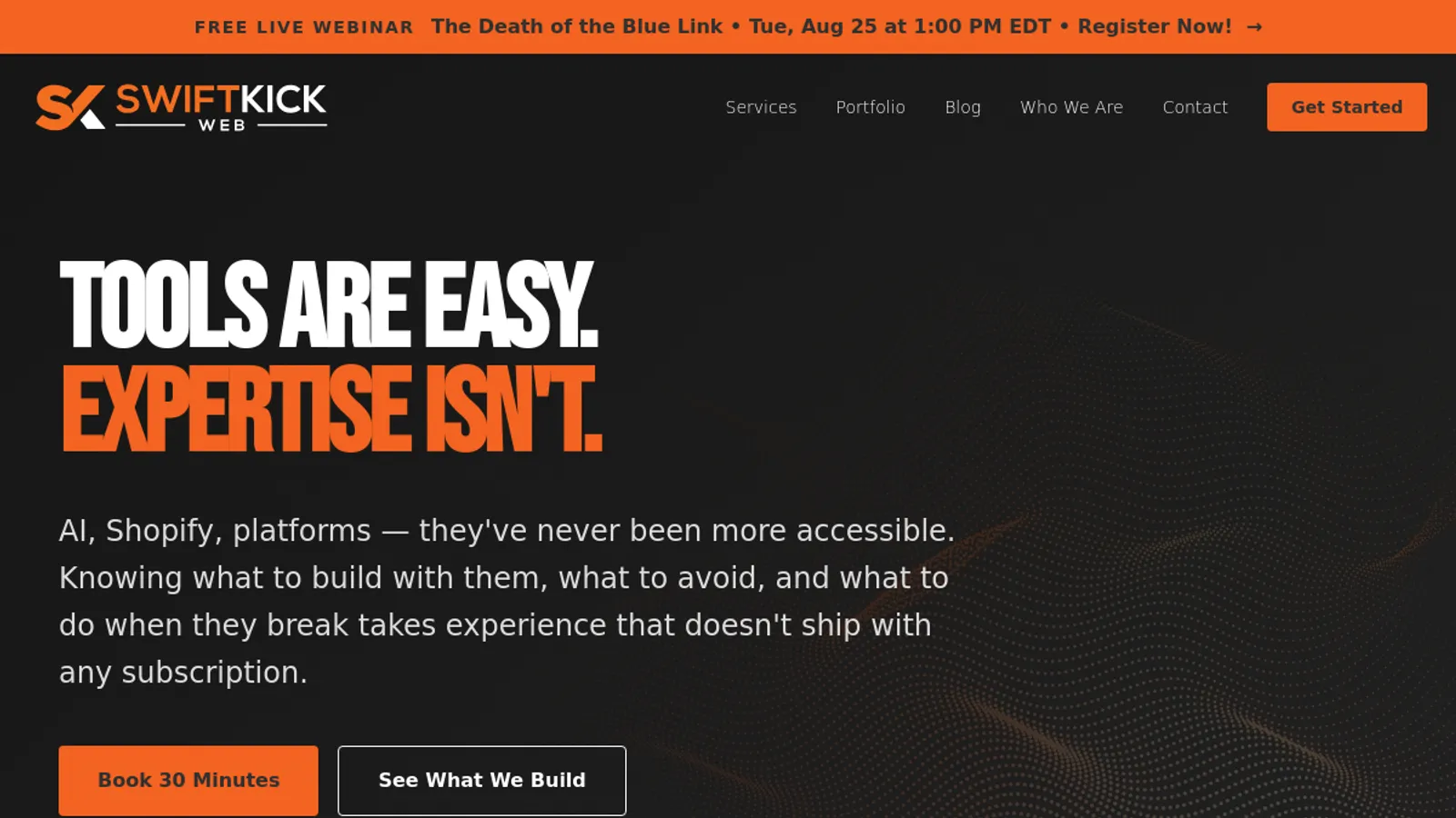 Screenshot of the Swiftkick Web homepage