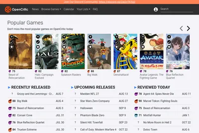 Screenshot of the OpenCritic homepage