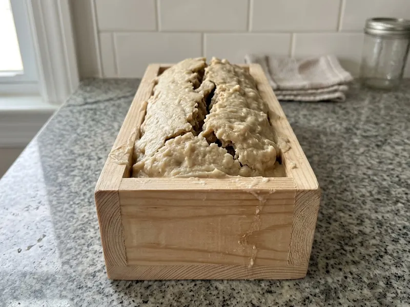 Thick, textured soap batter with a deep center crack sits inside a wooden loaf mold.