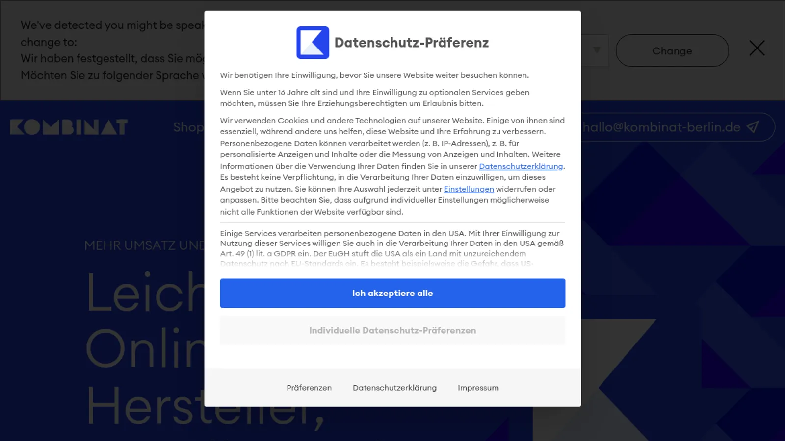 Screenshot of the Kombinat GmbH homepage