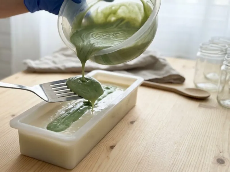 Gloved hands pour green soap batter over a spatula into a rectangular silicone mold.