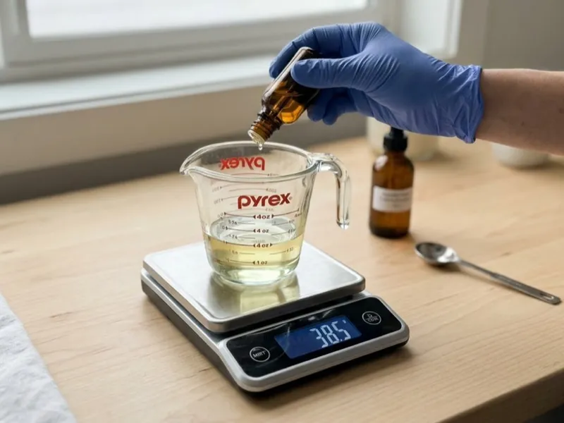 A gloved hand drops liquid from an amber bottle into a measuring cup on a digital scale.
