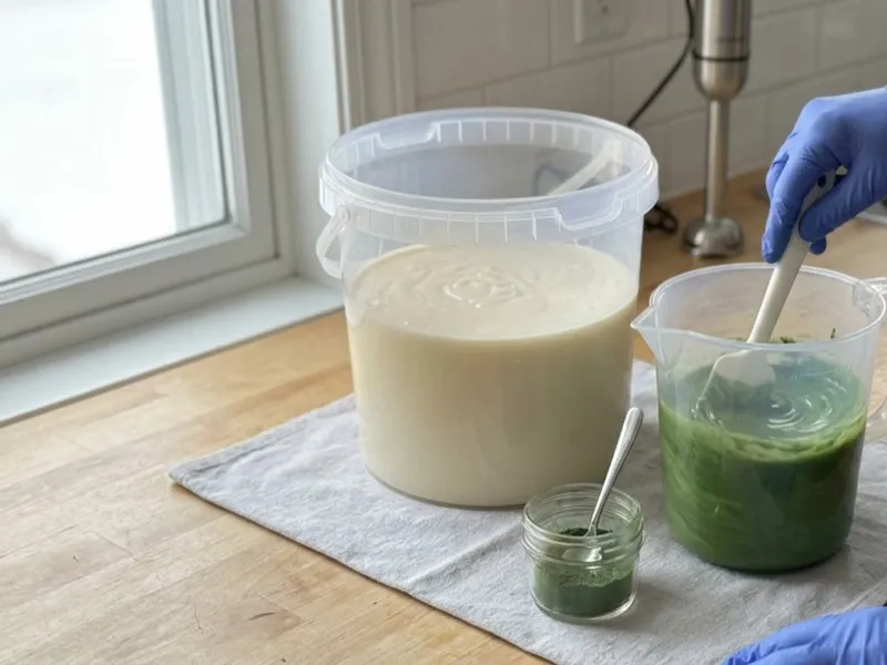 Gloved hands stir green soap batter in a pitcher next to a bucket of white soap mixture.