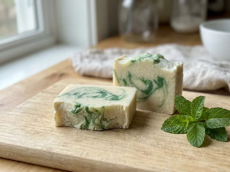 Two bars of green and white swirled soap sit on a wooden board beside fresh mint.