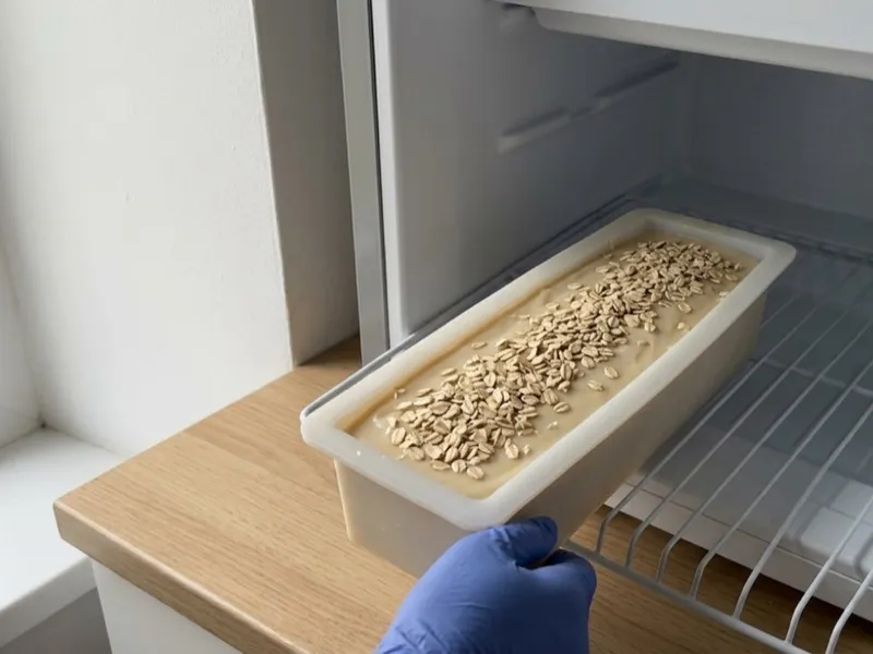 A gloved hand places a silicone mold filled with fresh oatmeal soap into a refrigerator.