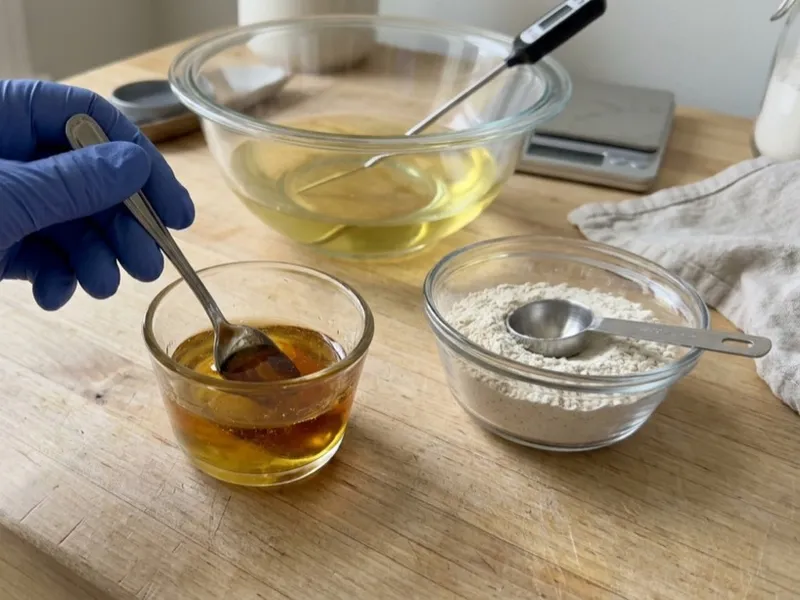A gloved hand stirs golden liquid in a glass cup near bowls of melted oils and powder.