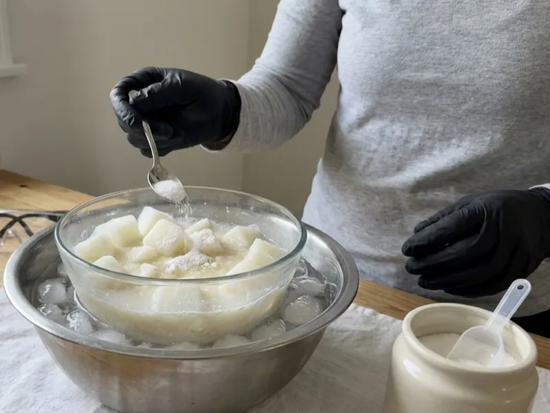 A person wearing black gloves adds lye powder to frozen milk cubes in an ice bath.