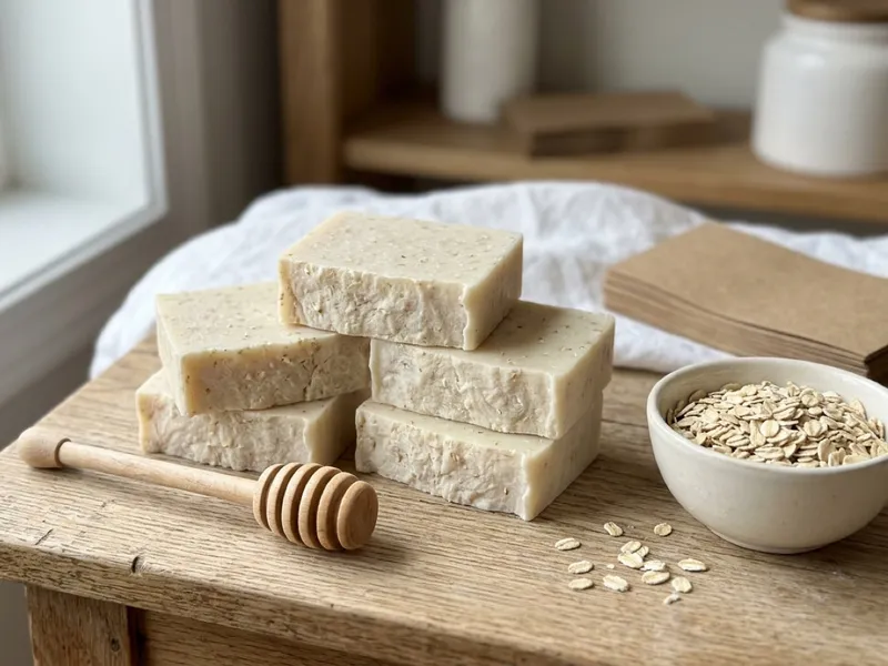 Stacked bars of handmade oatmeal soap beside a wooden honey dipper and a bowl of rolled oats.