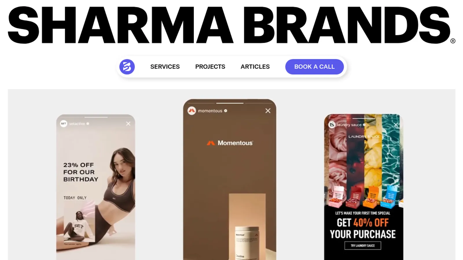 Screenshot of the Sharma Brands homepage