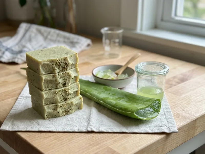 A stack of four handmade green soap bars beside a fresh aloe vera leaf and gel.