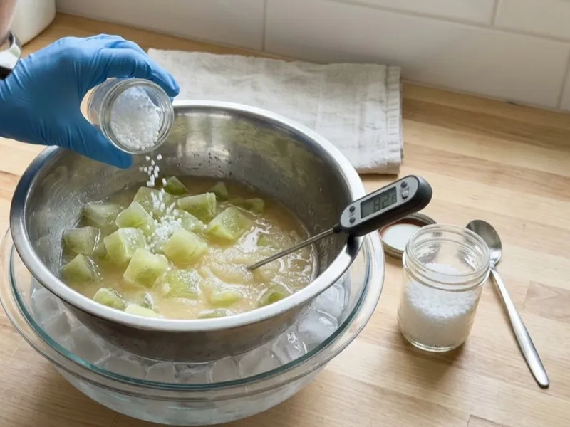A person in protective gloves pours lye beads into frozen cubes resting in an ice bath.