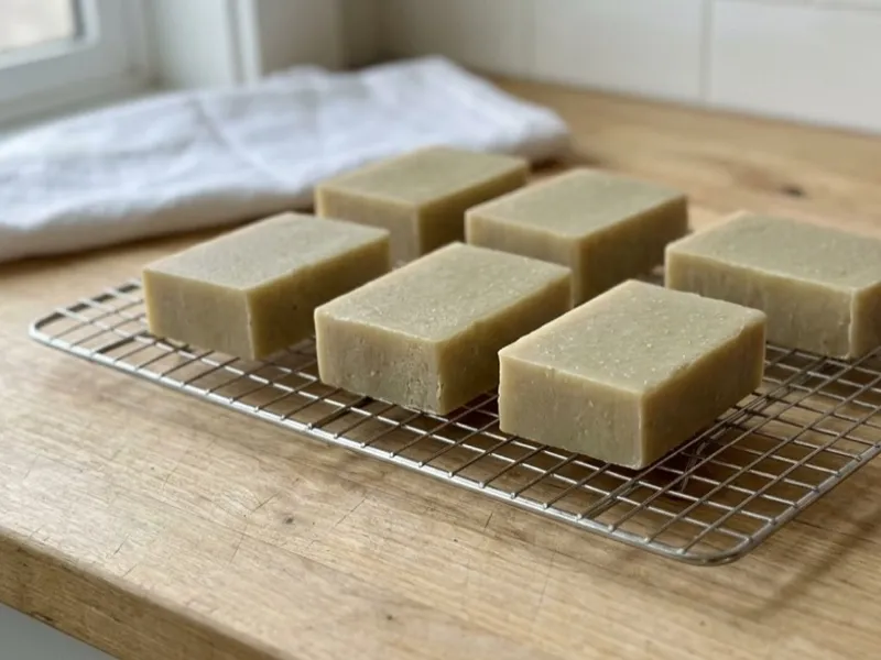 Six bars of handmade light green soap curing on a wire rack over a wooden countertop.