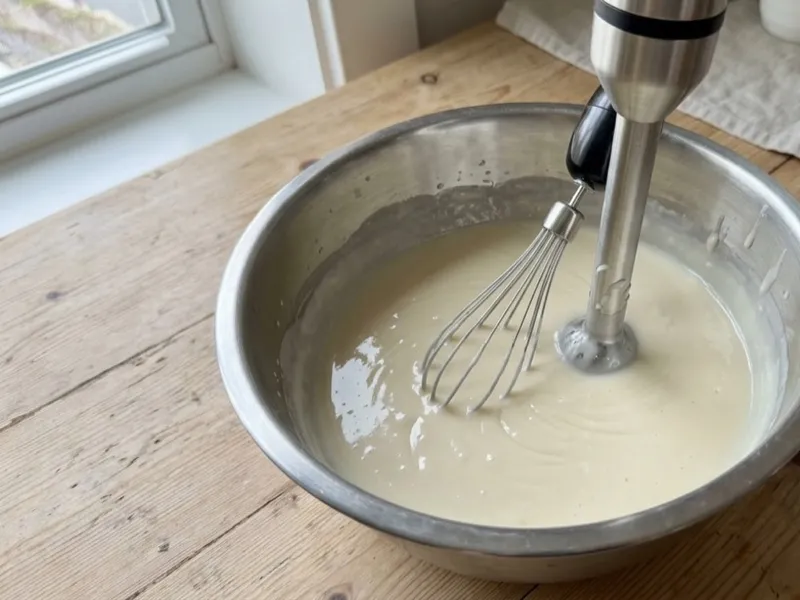 An immersion blender and whisk rest in a stainless steel bowl of creamy soap batter.