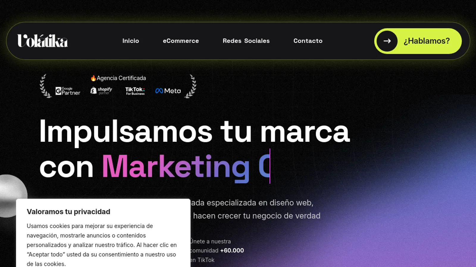 Screenshot of the Volátika homepage