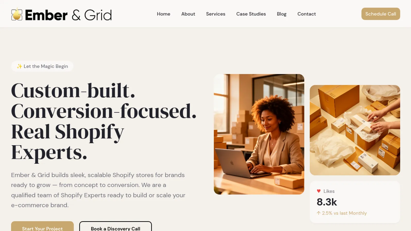 Screenshot of the Ember and Grid homepage