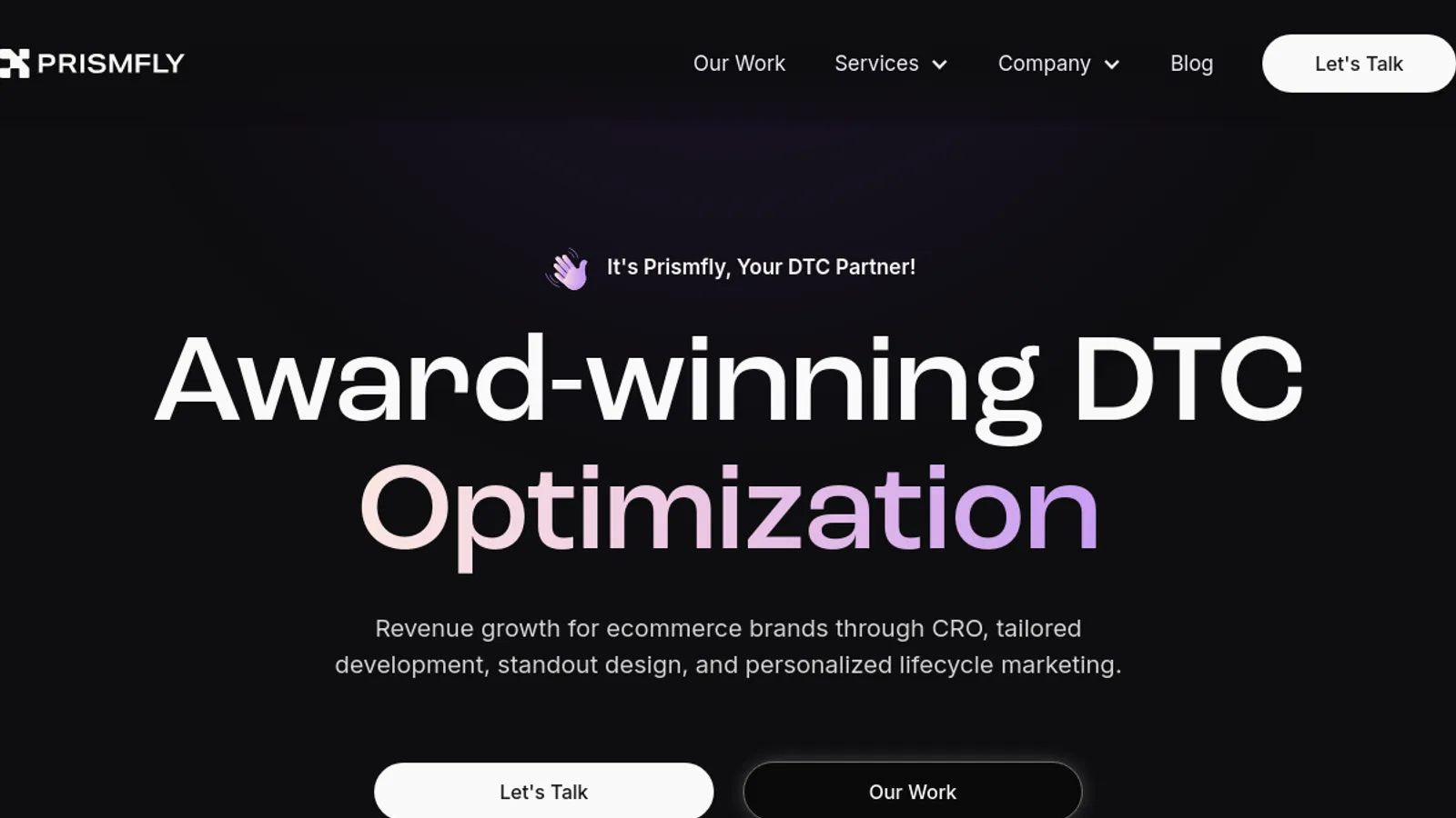Screenshot of the Prismfly homepage