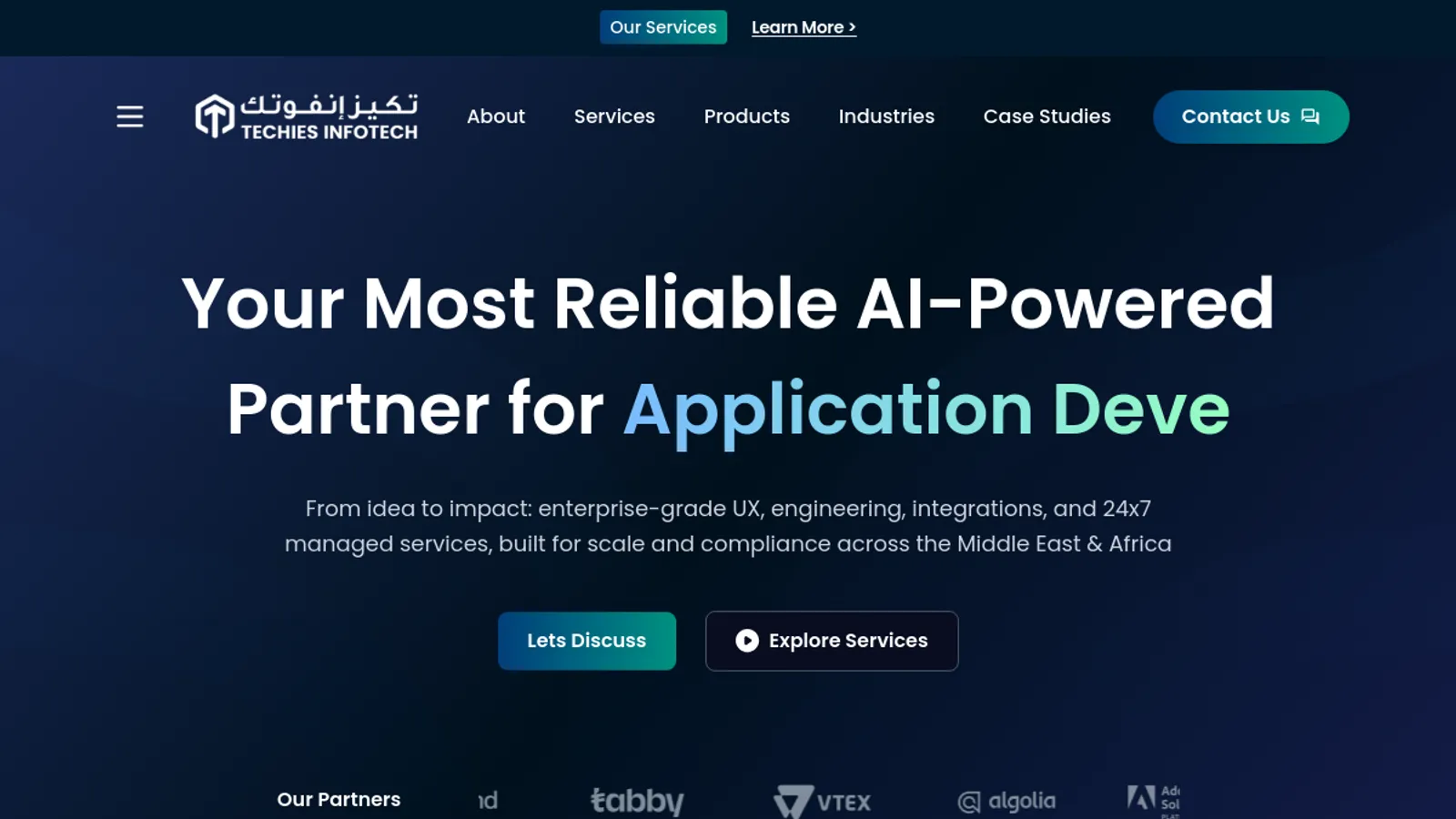 Screenshot of the Techies Infotech homepage