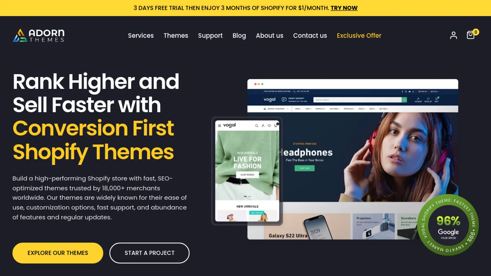 Screenshot of the AdornThemes homepage