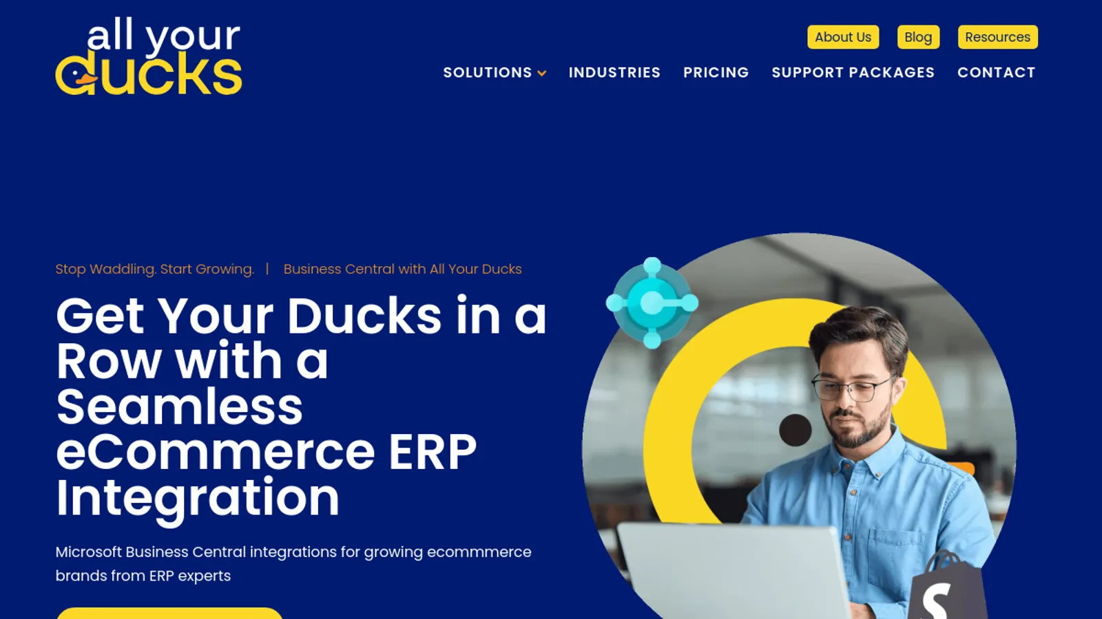 Screenshot of the All Your Ducks - Connect to Microsoft Dynamics and other ERP homepage