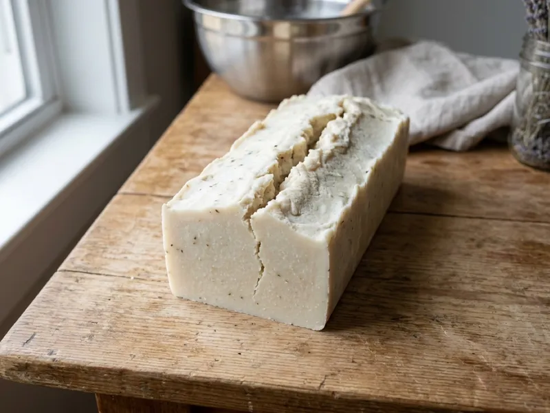 A loaf of uncut handmade white soap rests on a rustic wooden table beside a window.
