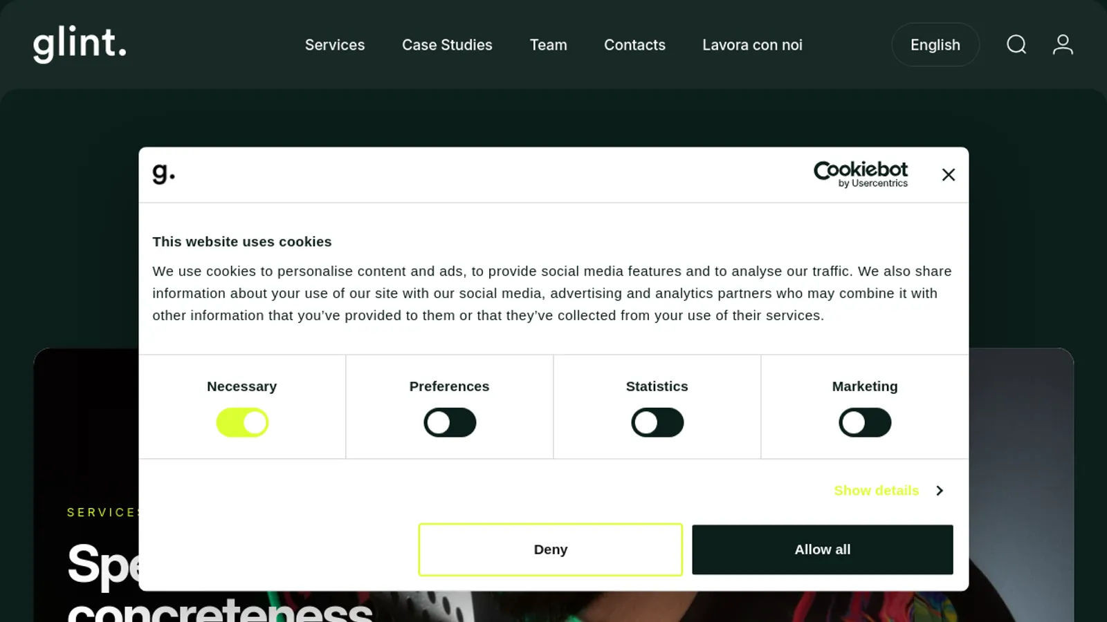 Screenshot of the Glint homepage