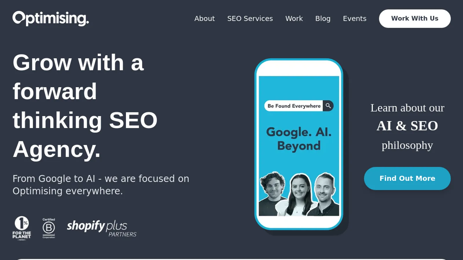 Screenshot of the Optimising homepage
