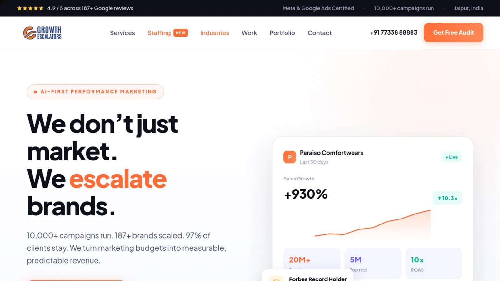 Screenshot of the Growth Escalators homepage