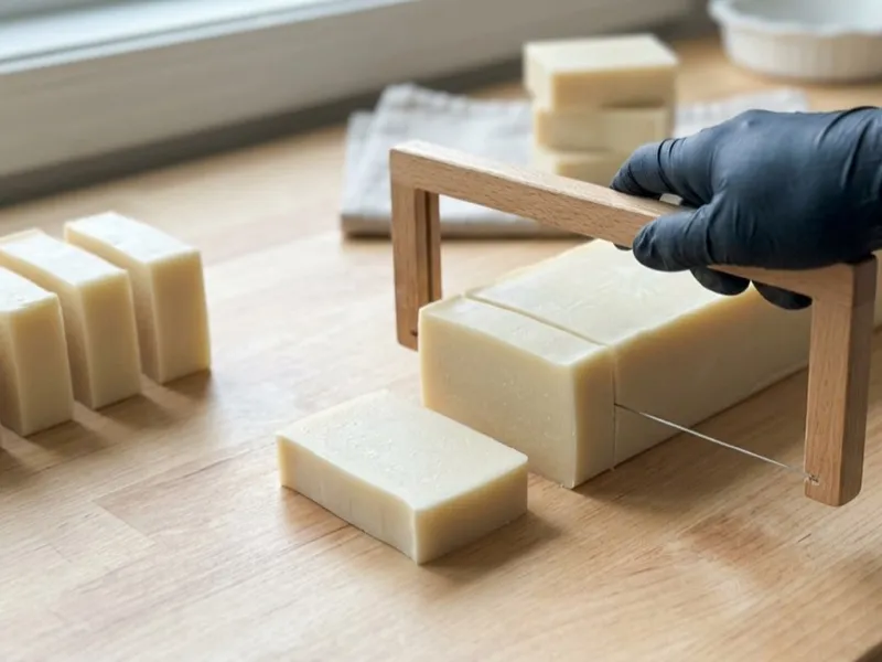 A gloved hand uses a wooden wire cutter to slice a loaf of handmade soap into bars.