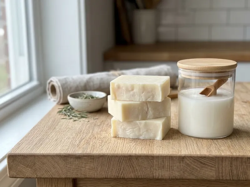 Three stacked bars of handmade soap beside a glass jar of coconut oil on a wooden counter.