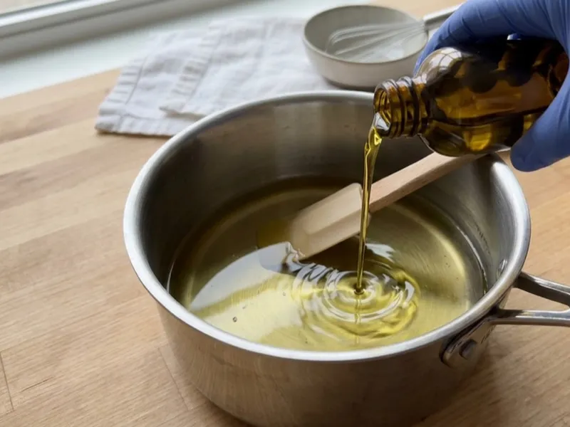 A gloved hand pours oil from an amber bottle into a saucepan containing melted oils.