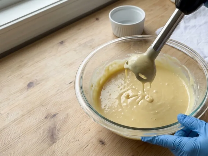Gloved hands lift an immersion blender dripping thick, cream-colored soap batter back into a glass bowl.
