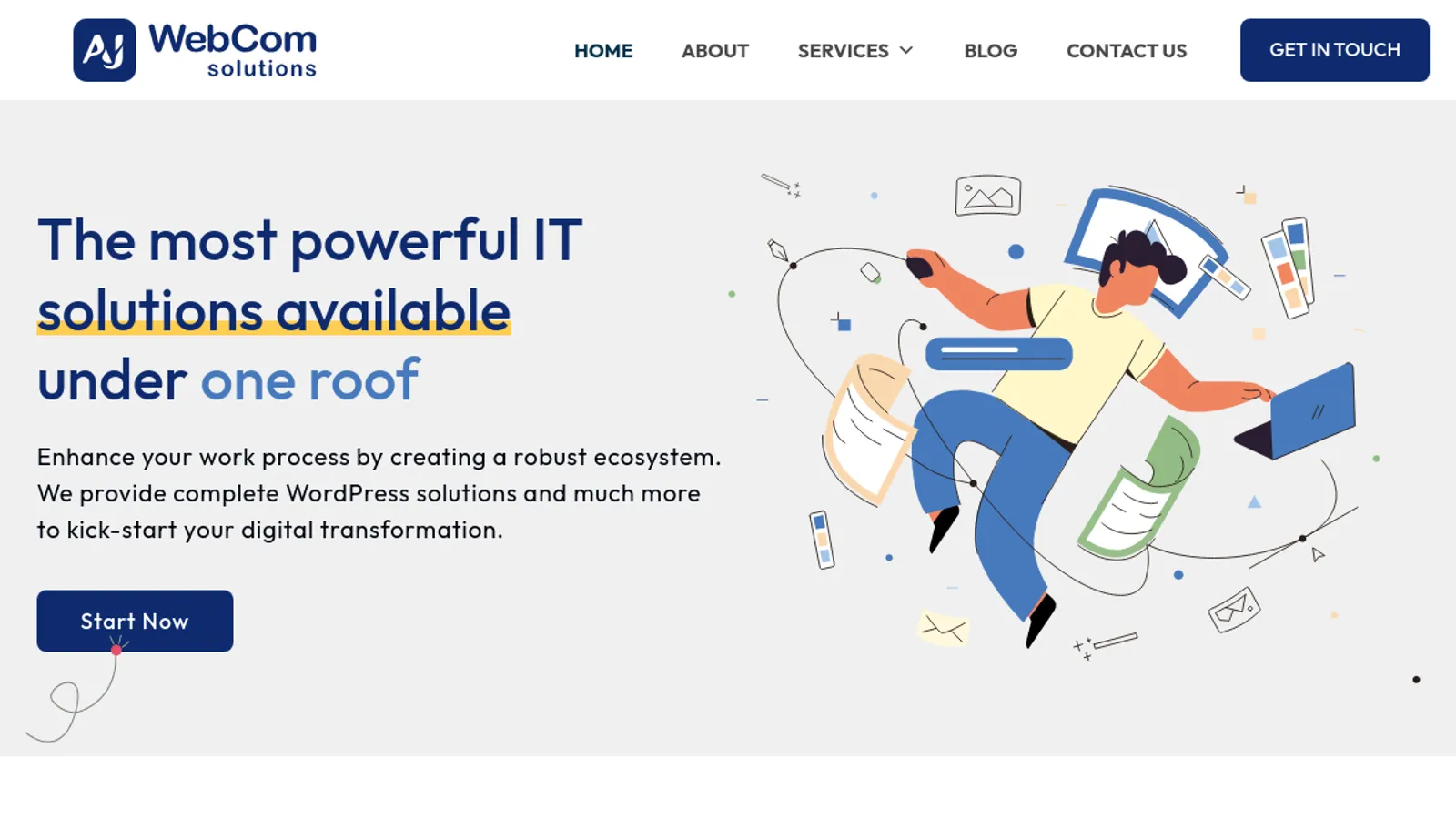Screenshot of the AJ WebCom Solutions homepage