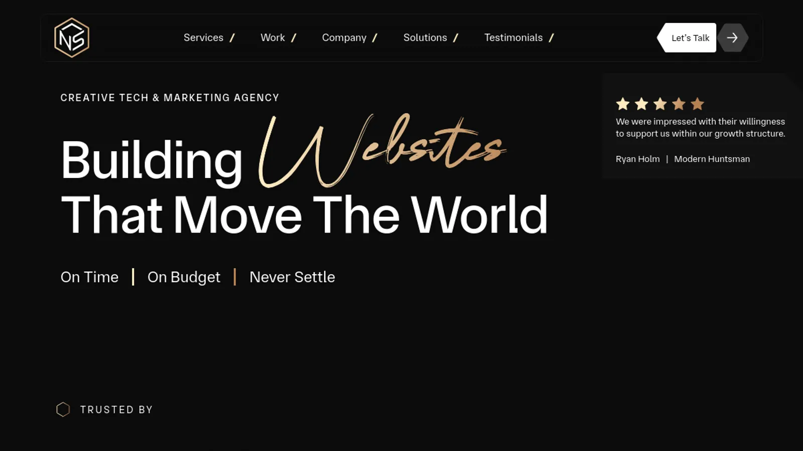 Screenshot of the Never Settle homepage