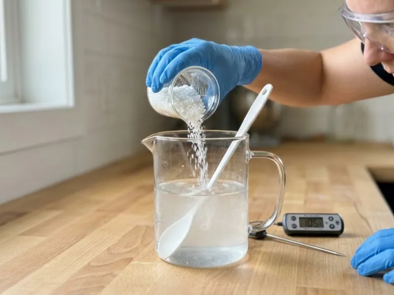 A person wearing safety goggles and gloves pours lye flakes into a glass pitcher of water.