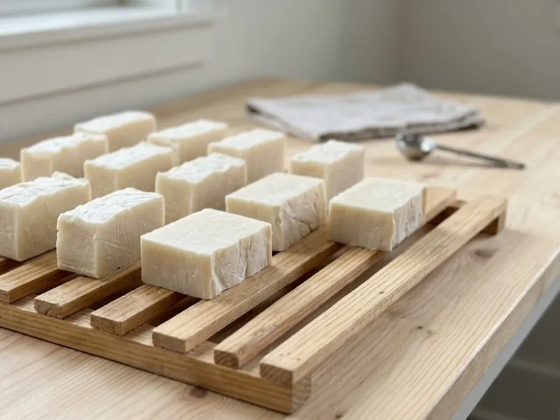 White handmade soap bars resting on a wooden slatted drying rack on a tabletop.