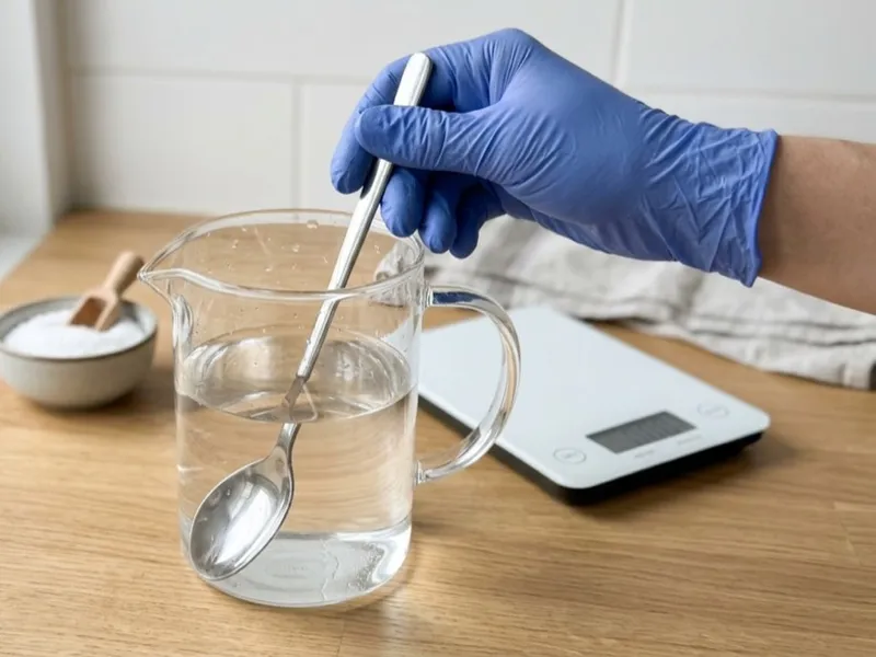A gloved hand stirs clear liquid in a glass pitcher with a metal spoon.