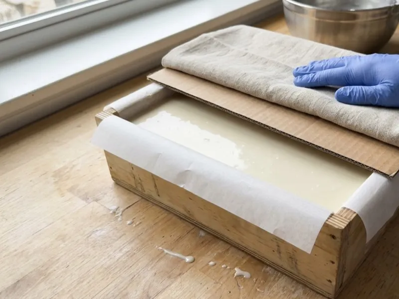 A gloved hand places cardboard and a towel over freshly poured soap in a wooden mold.