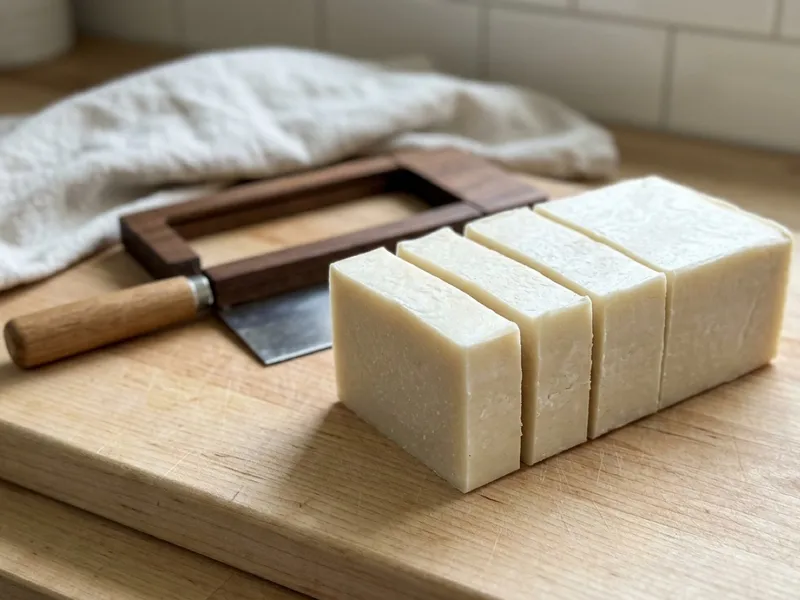 Sliced bars of handmade soap rest on a wooden cutting board next to a soap cutter.