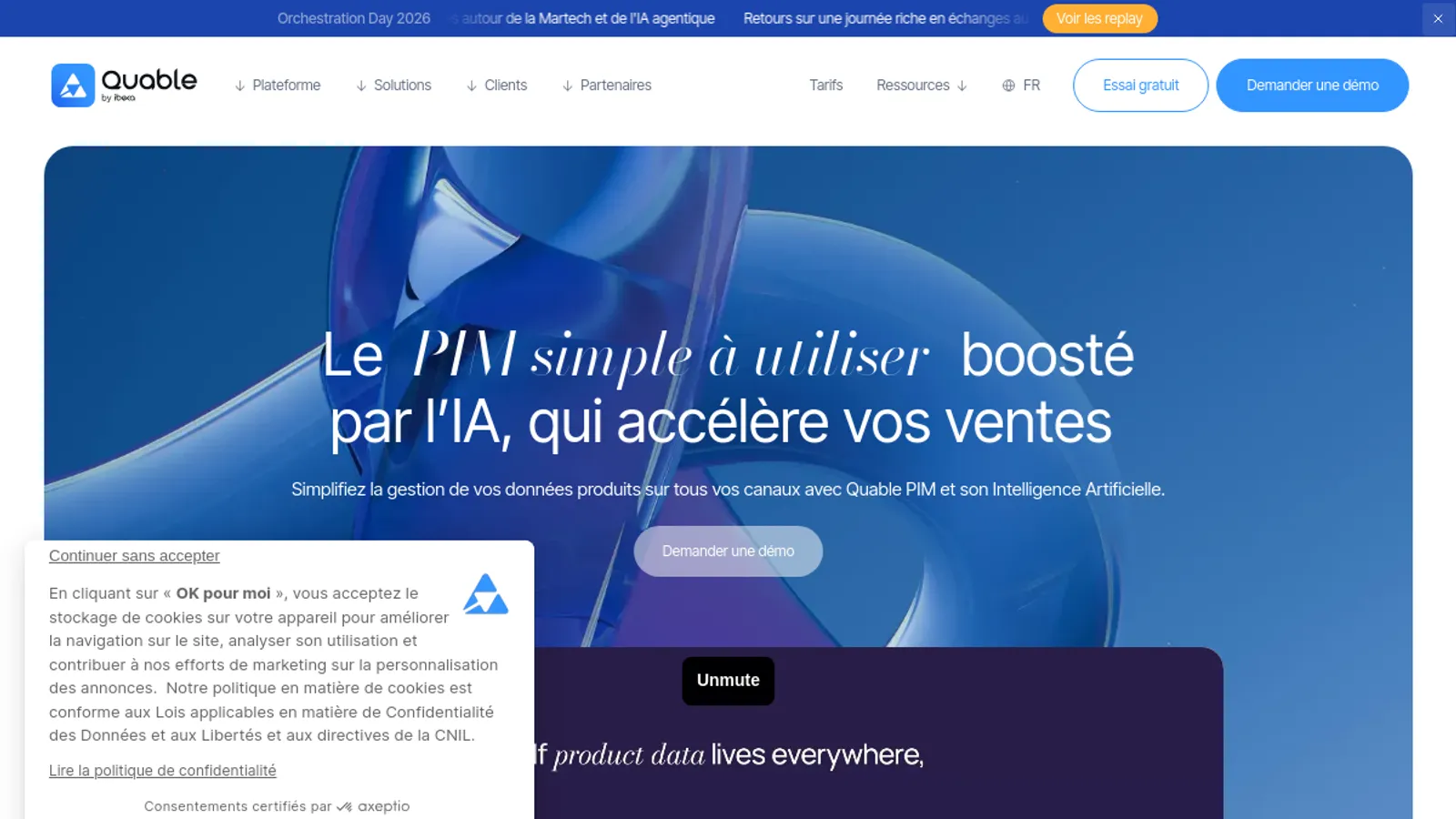 Screenshot of the Quable PIM & DAM homepage