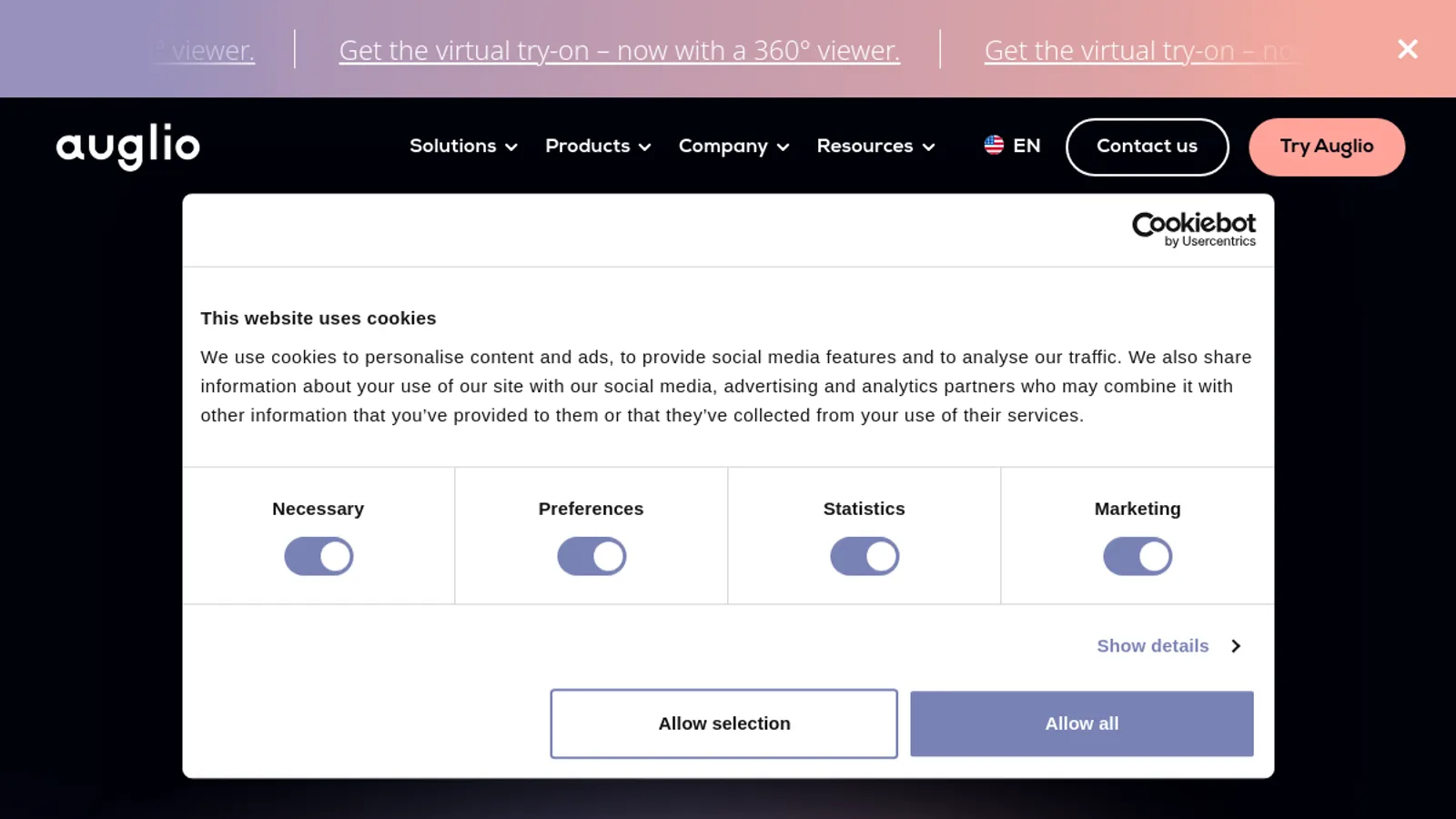 Screenshot of the Auglio homepage