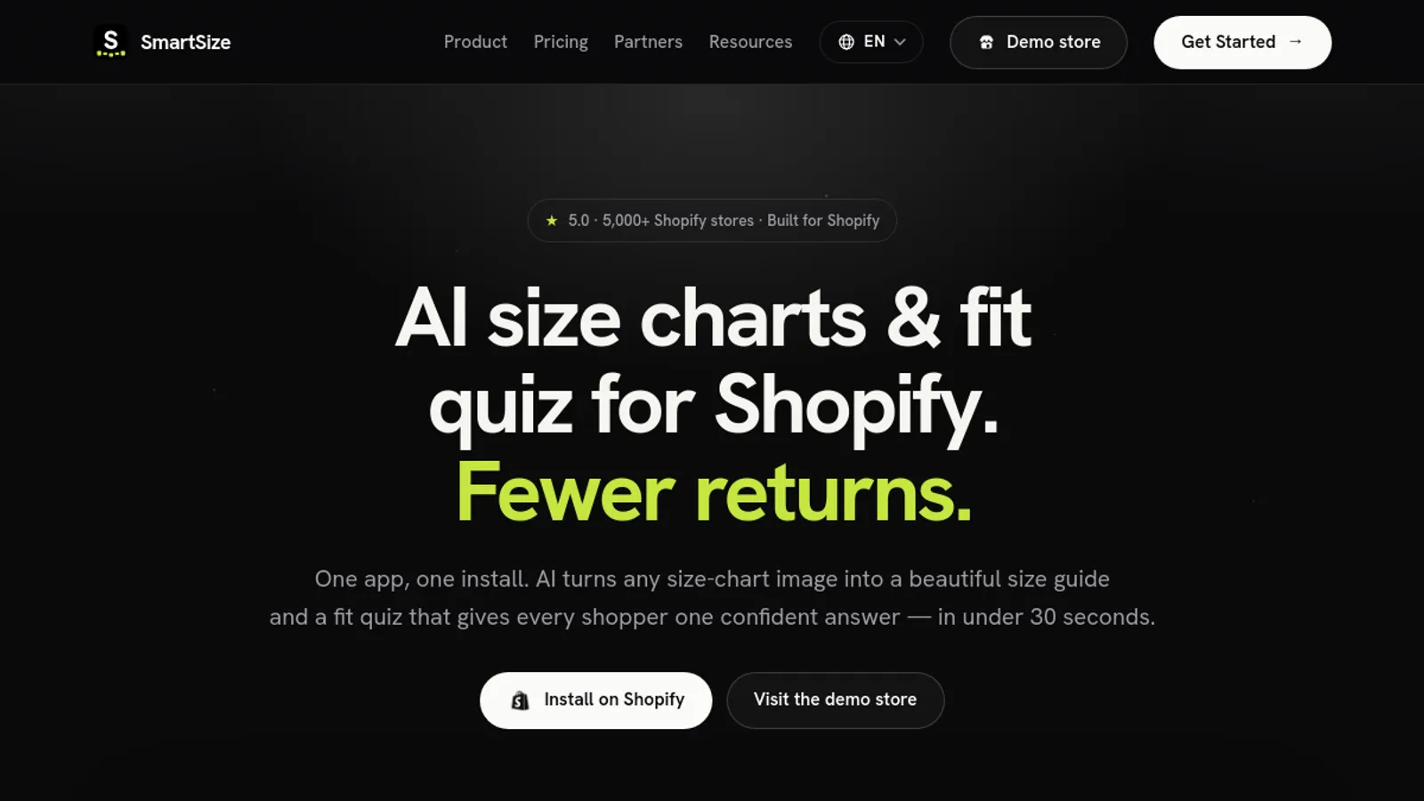 Screenshot of the SmartSize homepage