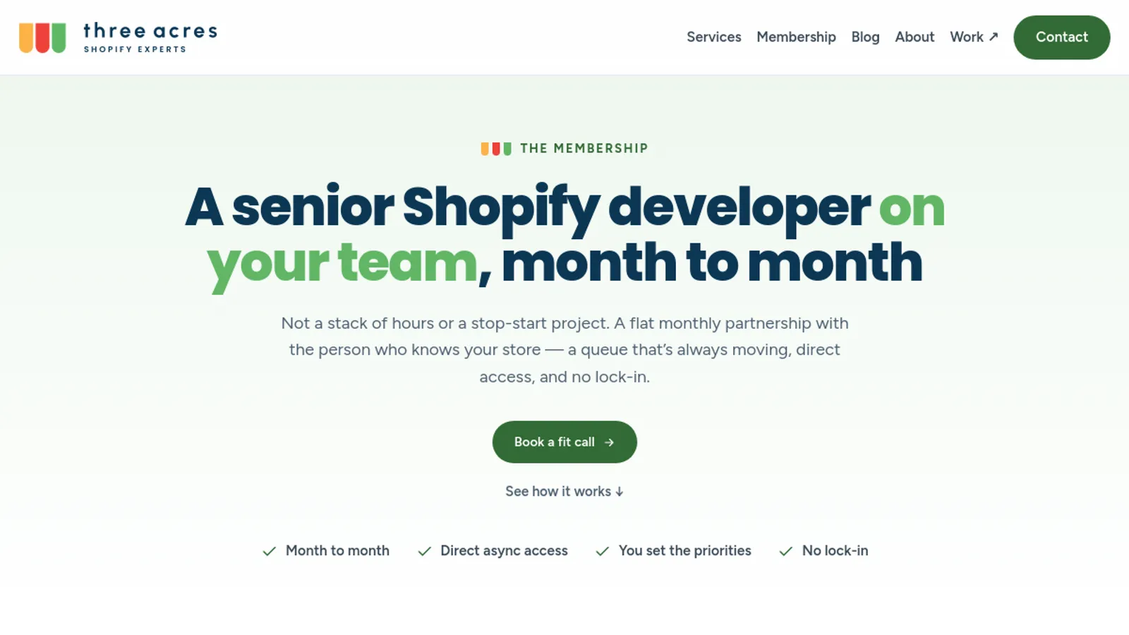 Screenshot of the Three Acres homepage